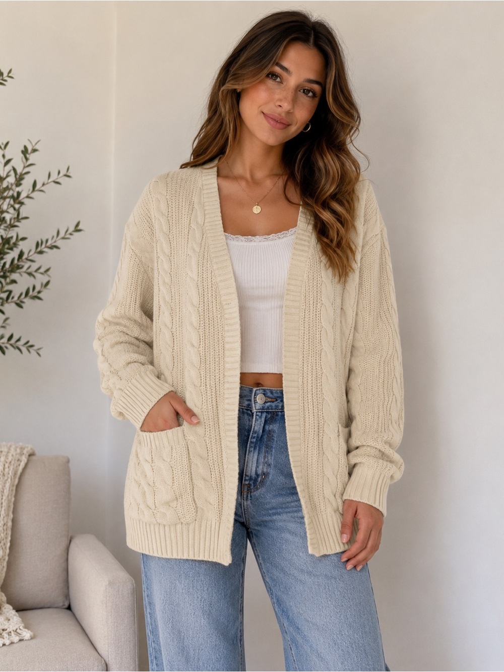 Pink Lily‎ Cream Cable Knit Open Front Cardigan Size Medium